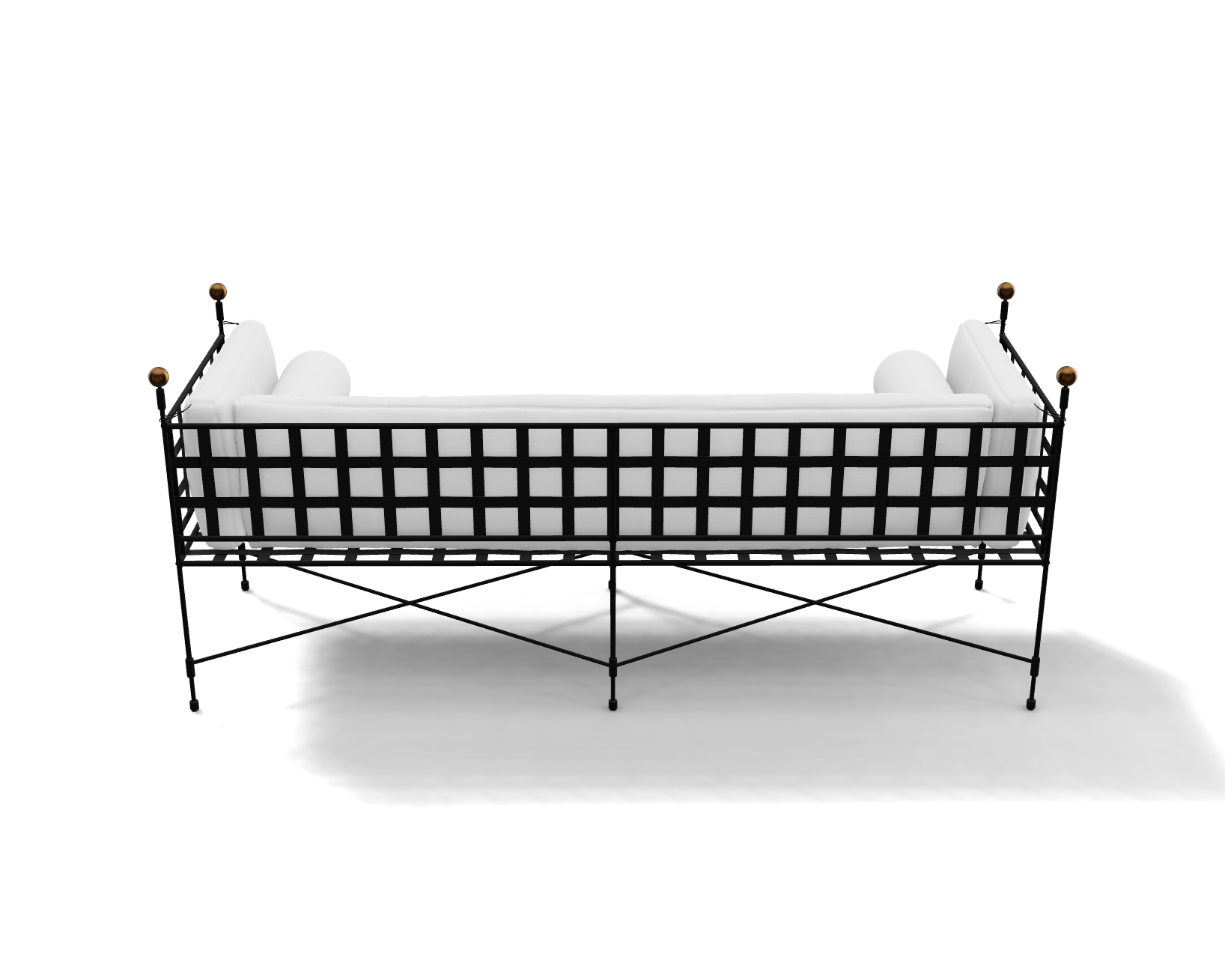 The Amalfi Tuxedo 3 Seat Sofa showcases hand-forged black metal latticework and white cushions, viewed from the back against a white background.