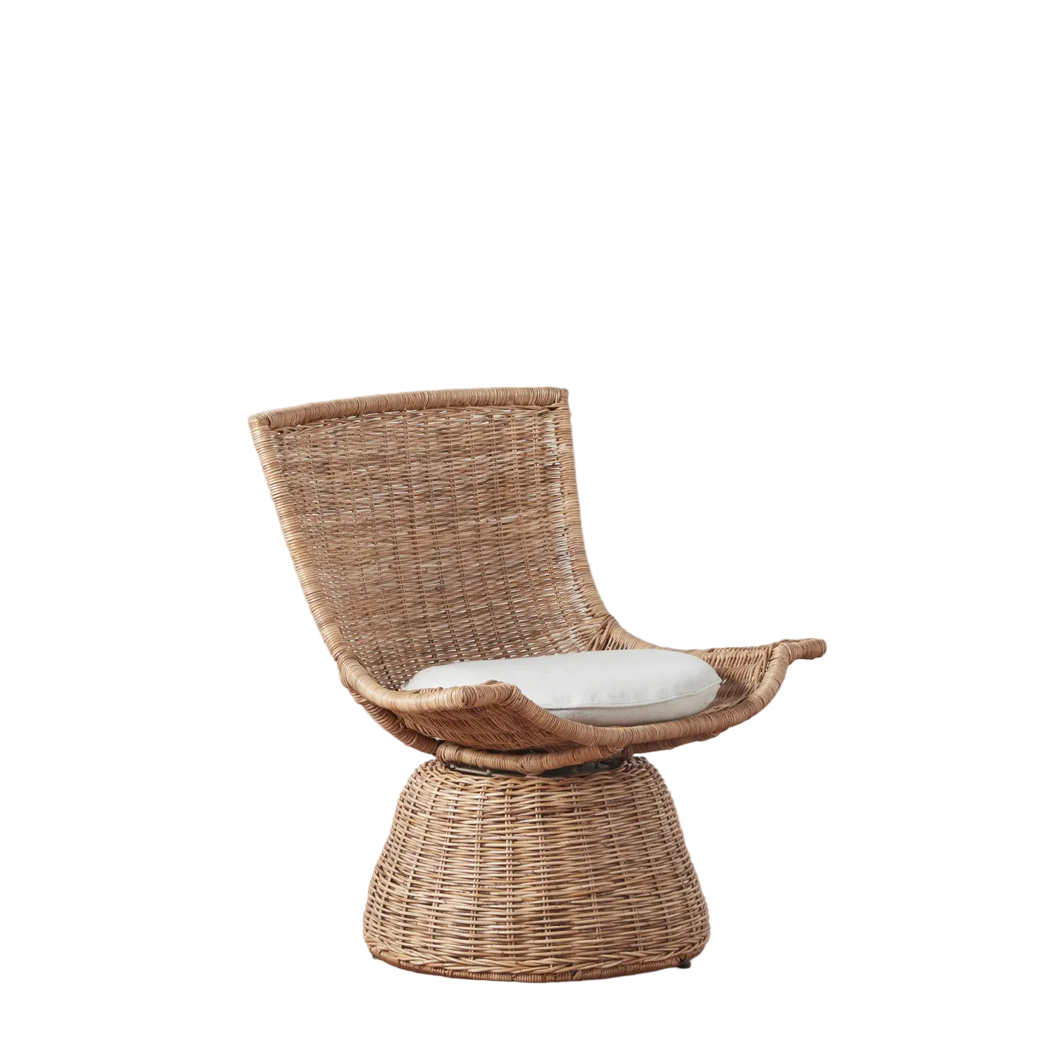 The Healdsburg Small Wicker Swivel Chair is crafted from Indonesian rattan with a curved back, wide armrests, and a round seat base. It includes a white seat cushion.