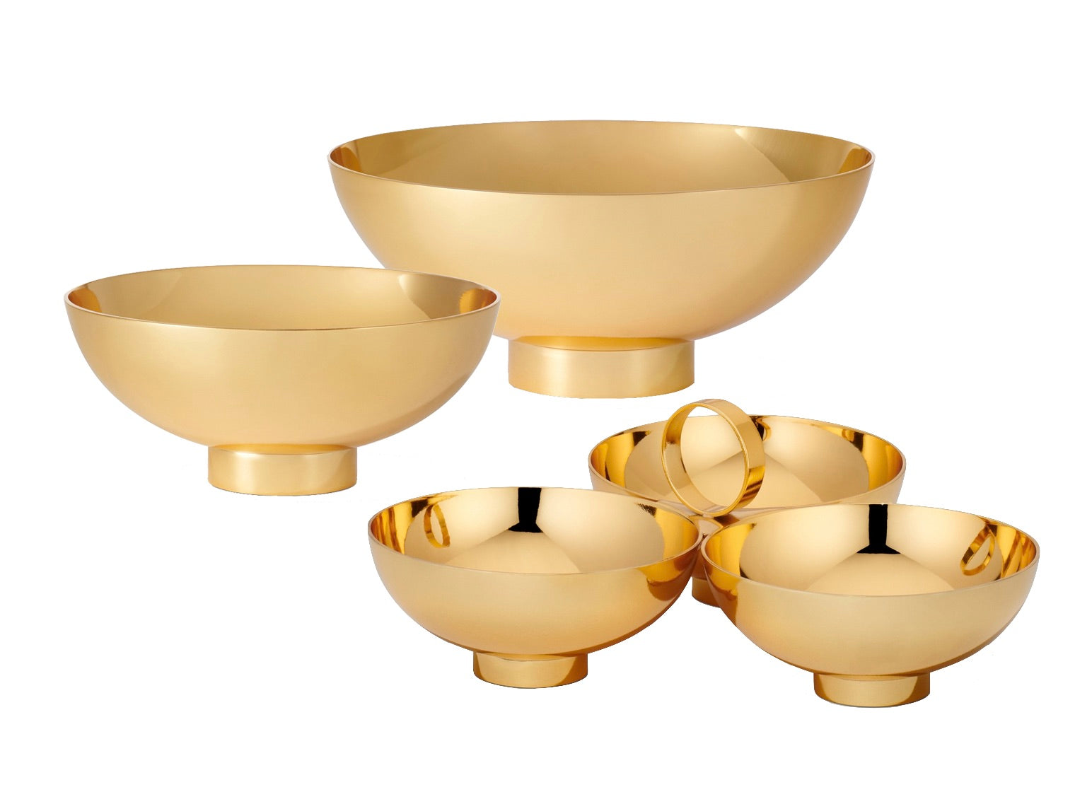 The AERIN Sintra Bowl Collection is a set of five sophisticated, golden bowls of varying sizes with a high-polish finish, perfect for use as elegant serving dishes.