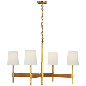 A gold-finished chandelier with elegant metalwork, featuring four white rectangular lampshades, suspended by a chain from the ceiling mount becomes Elle Large Chandelier, Brass