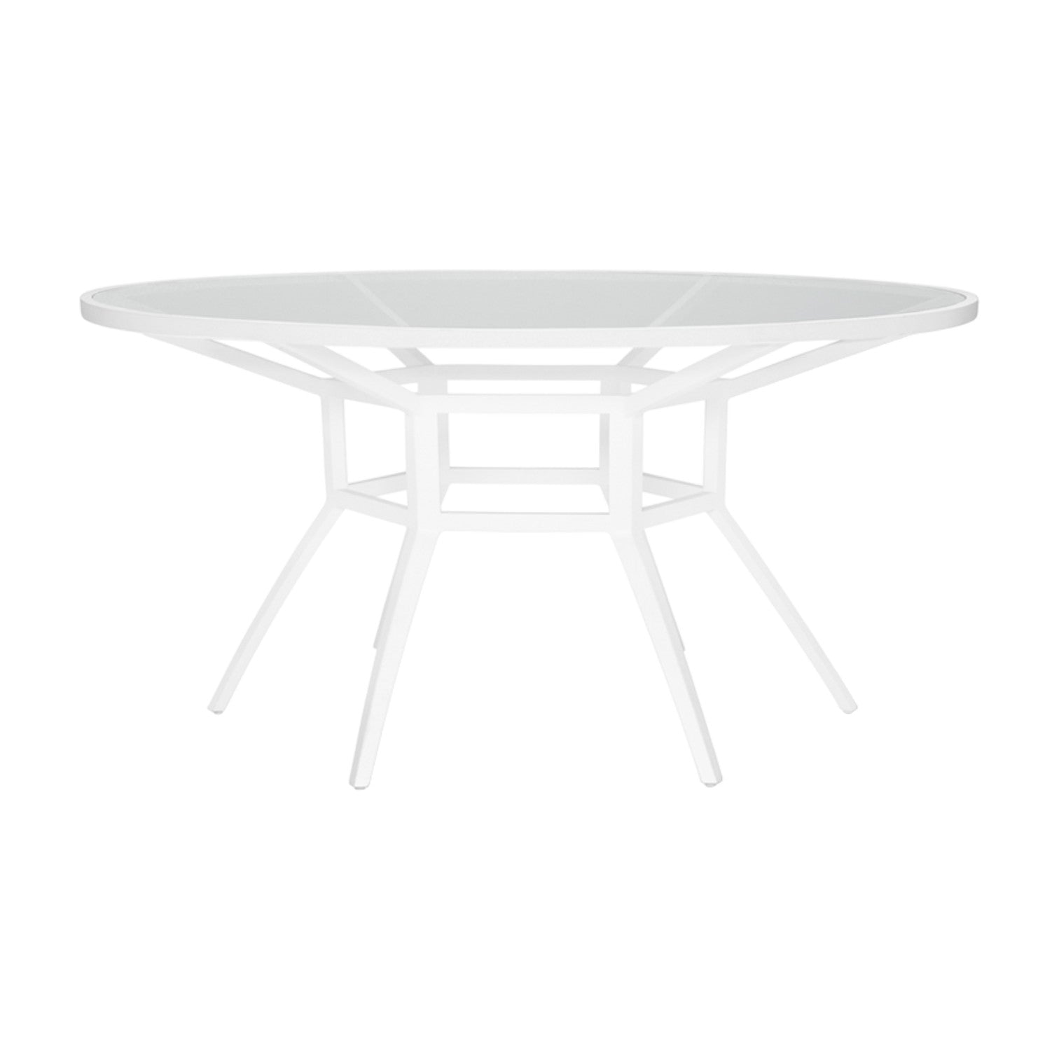 The Slant Outdoor Round Dining Table features a white metal frame, glass top, and four angled legs—weather-resistant for stylish garden gatherings.