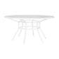 The Slant Outdoor Round Dining Table features a glass top and a white, weather-resistant metal frame with angled legs, shown against a white background.