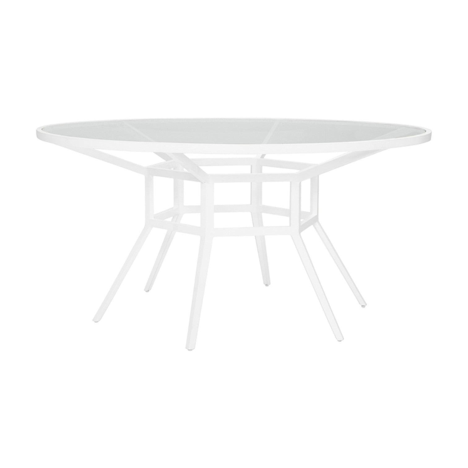 The Slant Outdoor Round Dining Table features a glass top and a white, weather-resistant metal frame with angled legs, shown against a white background.