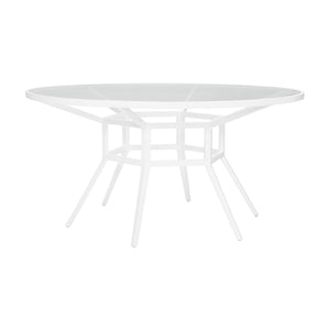 The Slant Outdoor Round Dining Table features a glass top and a white, weather-resistant metal frame with angled legs, shown against a white background.