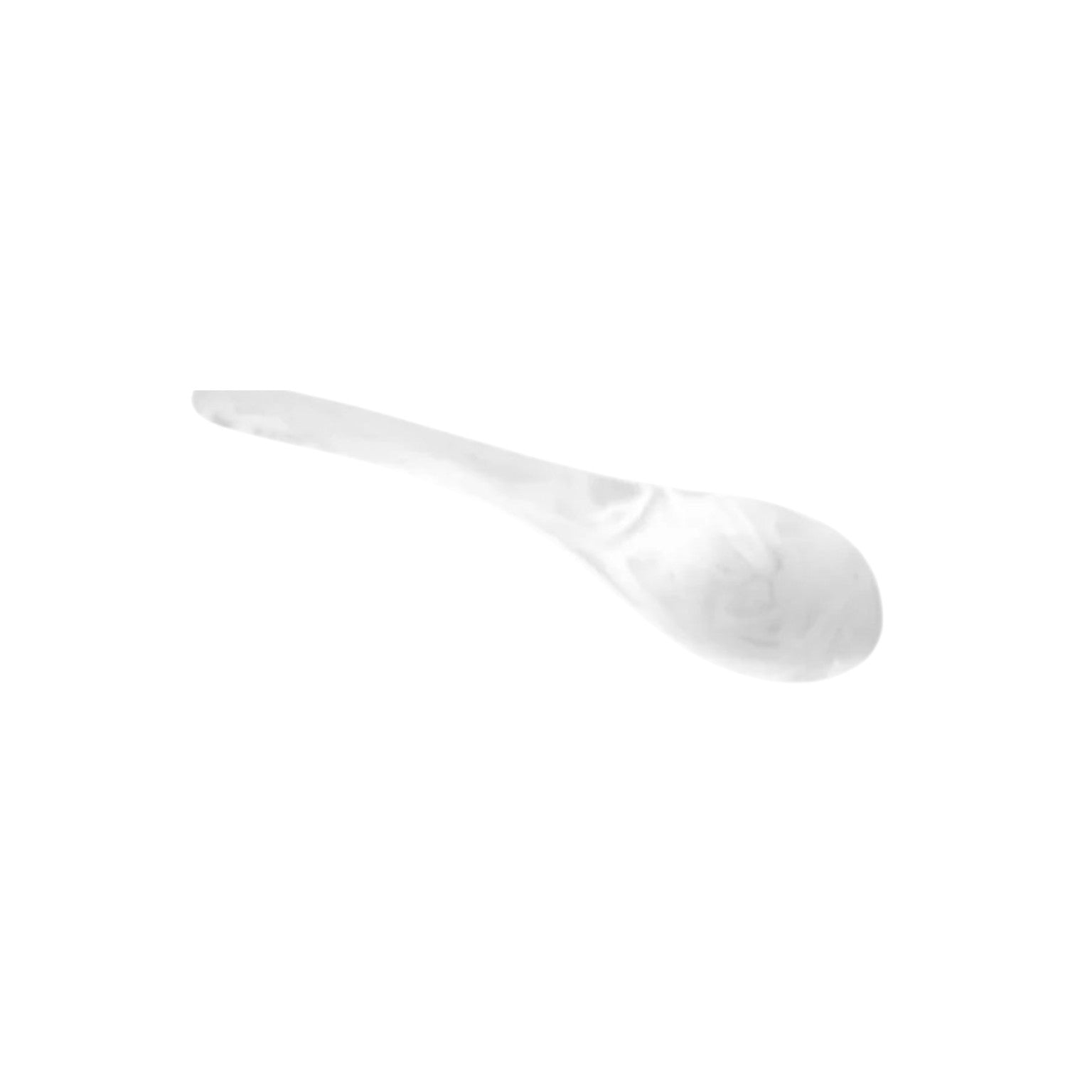 Part of the Swirl White Resin Serveware Collection, this BPA-free spoon features a white marble look, a slightly curved handle, and a shallow bowl, elegantly displayed on a white background.