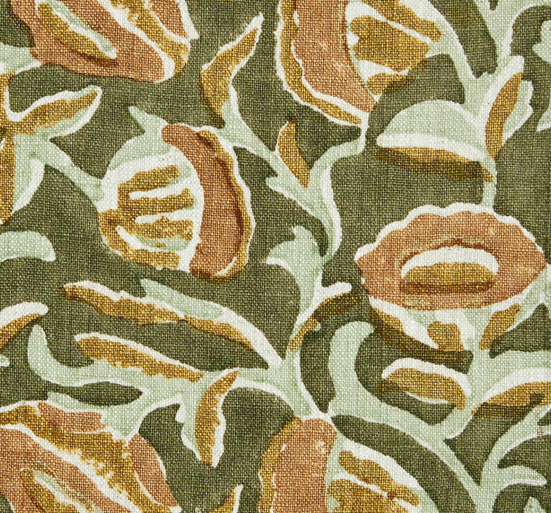 The Stella Stool in Marbella Linen Eucalypt on White features a green and brown floral pattern with stylized leaves and flowers, ideal for compact seating or as an upholstered foot rest.