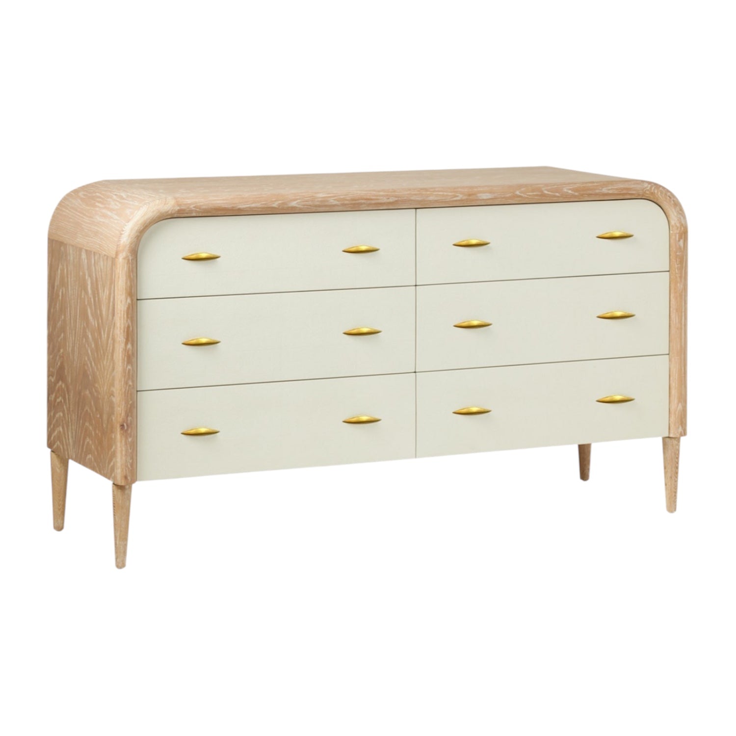 The Pierre Dresser in Pristine Shagreen and Washed Oak features six drawers with light beige fronts, a rounded frame, tapered legs, and gold-toned vintage-style handles.