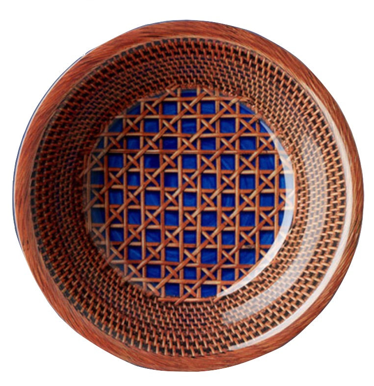 Experience the Mario Luca Giusti Patagonia Blue Collection, featuring a decorative ceramic plate in blue and brown hues, adorned with an intricate geometric pattern that beautifully blends modern aesthetics with a touch of antique charm.