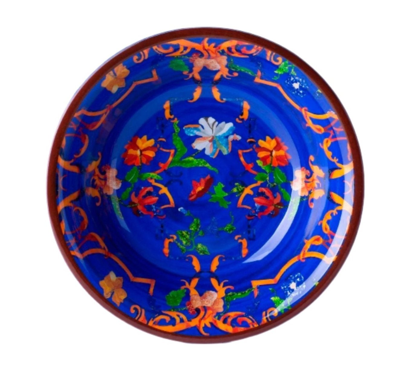 Blue bowl featuring a vibrant floral pattern in orange, red, and white from the Mario Luca Giusti Pancale Blue Collection. Labeled "Soup Bowl" at the bottom.