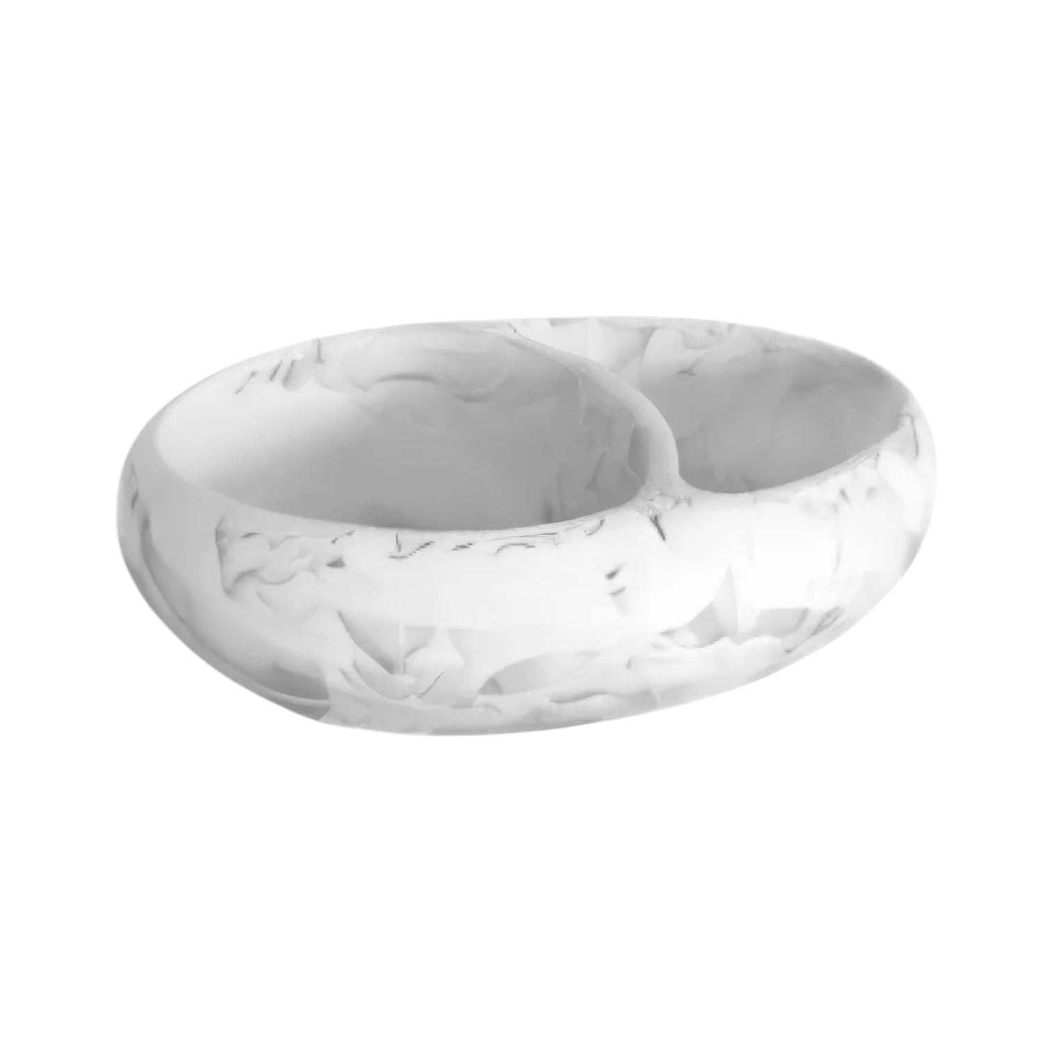 The Swirl White Resin Serveware Collection features an elegant oval bowl with two compartments, crafted from Nashi resinware in a white marble pattern. Perfect for serving, it complements any home decor. Shown on a plain white background.