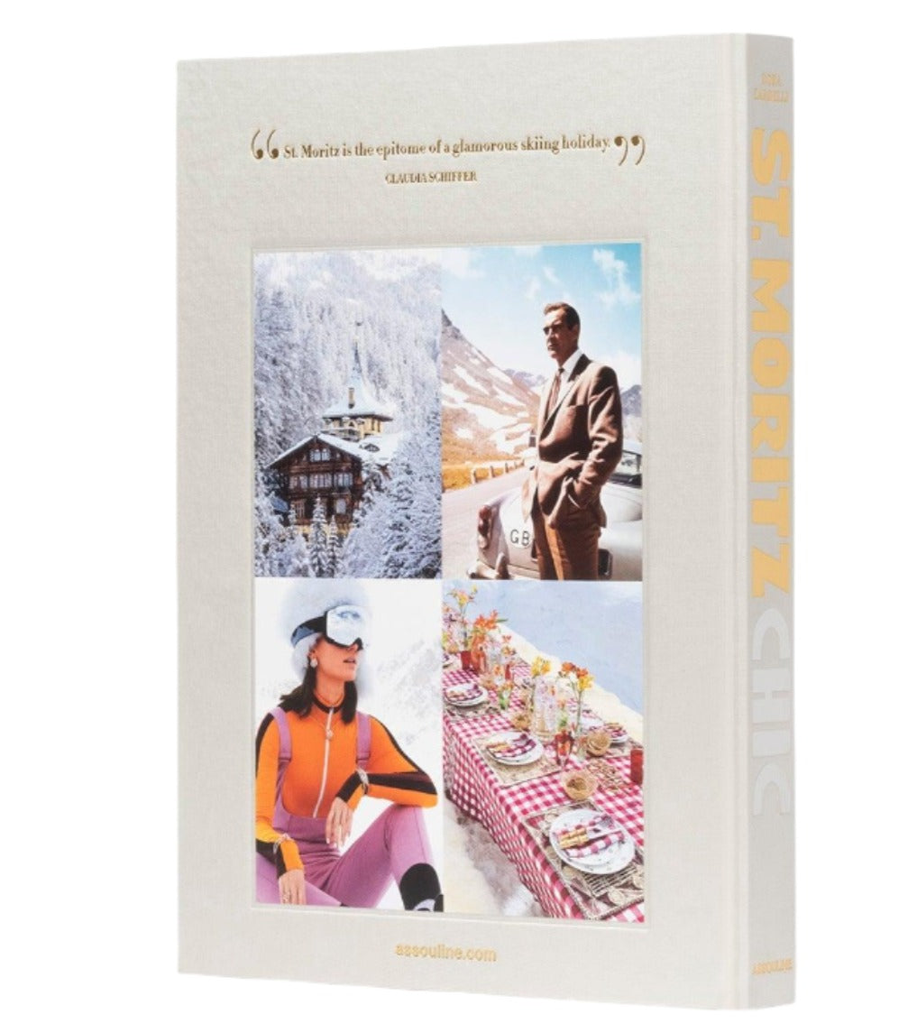 The book "St. Moritz Chic" showcases the allure of St. Moritz with a winter landscape, a person standing in snow, another posing in a ski suit, and a photo of an outdoor picnic on the cover—truly capturing the essence of luxury travel and winter events.