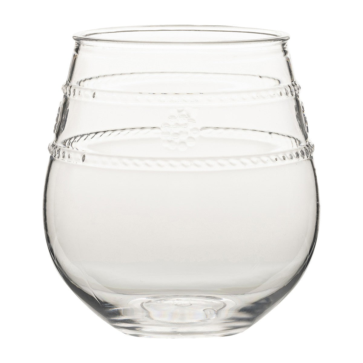 This piece from the Juliska Isabella Acrylic Collection, a clear, round tumbler featuring textured rings near the top and middle, adds a touch of bohemian glass flair to any setting.