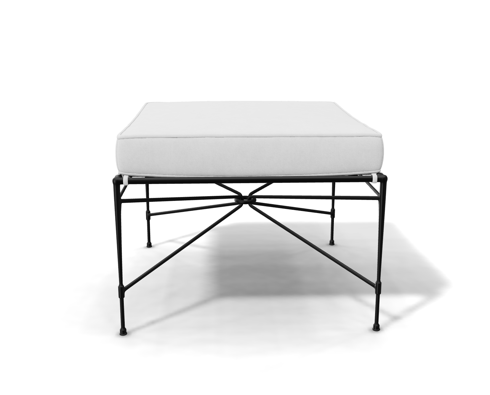 The Amalfi Ottoman showcases a minimalist design with a white cushion on a sleek, hand-forged black steel frame, displayed against a plain white background.