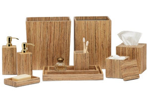 Wooden bathroom accessory set from the Pigeon & Poodle Sumter Collection including a soap dispenser, toothbrush holder, tissue box cover, and various containers.