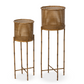 Two gold-colored Roanoke Metal Planter on Stand pieces feature perforated cylindrical baskets and tall, slender legs in varying heights, adding modern elegance and durable metal construction to your space.