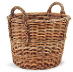 The French Country Log Basket is a round, brown woven wicker basket with two sturdy handles, handmade from natural rattan—ideal for versatile storage.