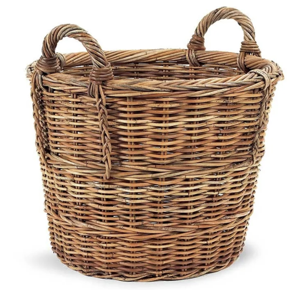 The French Country Log Basket is a round, brown woven wicker basket with two sturdy handles, handmade from natural rattan—ideal for versatile storage.