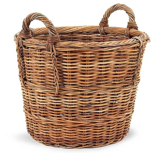 The French Country Log Basket is a round, brown woven wicker basket with two sturdy handles, handmade from natural rattan—ideal for versatile storage.