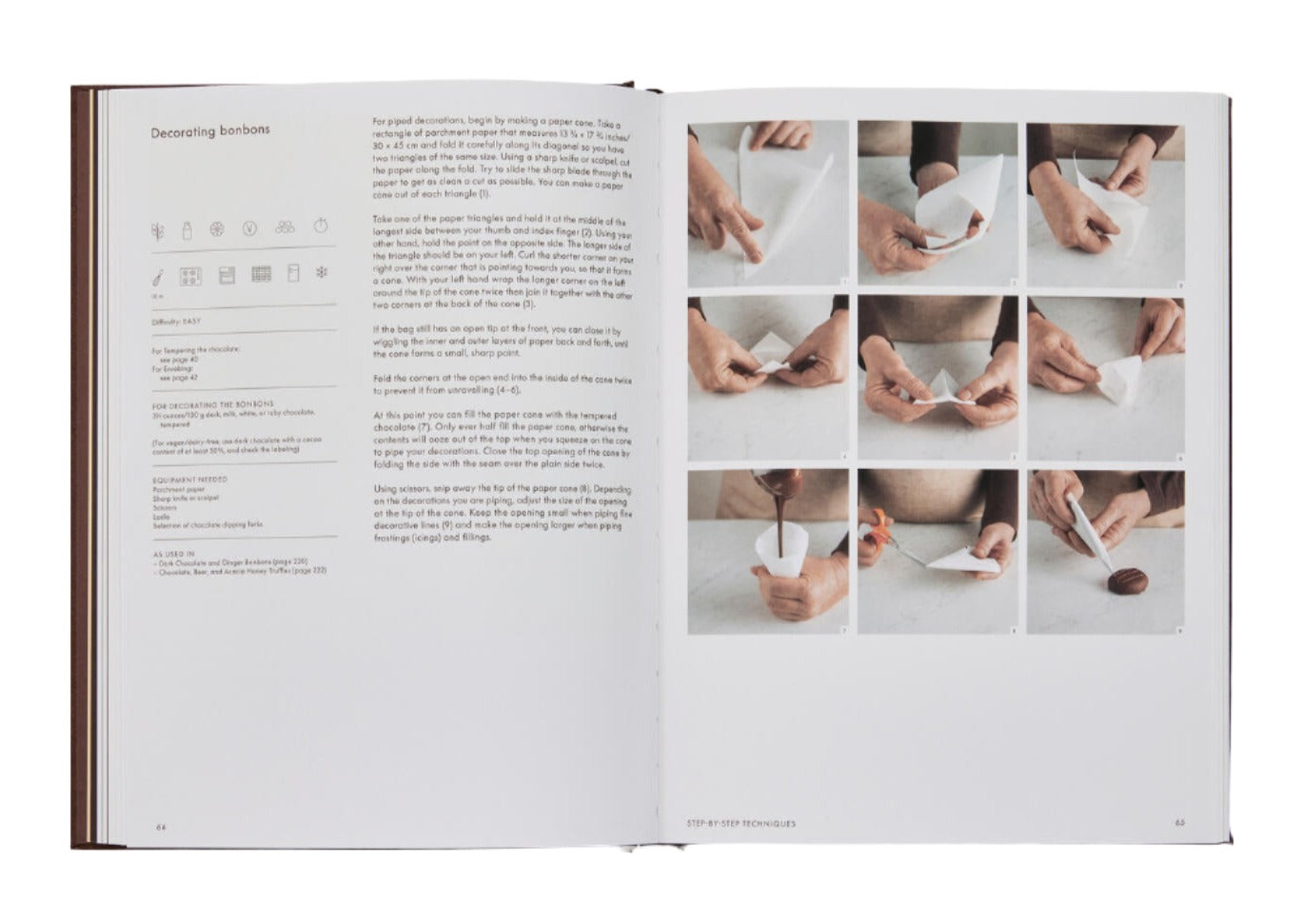 Open book with two pages: left page shows "Decorating beehives" instructions with text and icons; right page features a step-by-step photo guide of hands demonstrating a craft with paper, reminiscent of the detailed care seen in The Chocolate Spoon: Italian Sweets From The Silver Spoon.