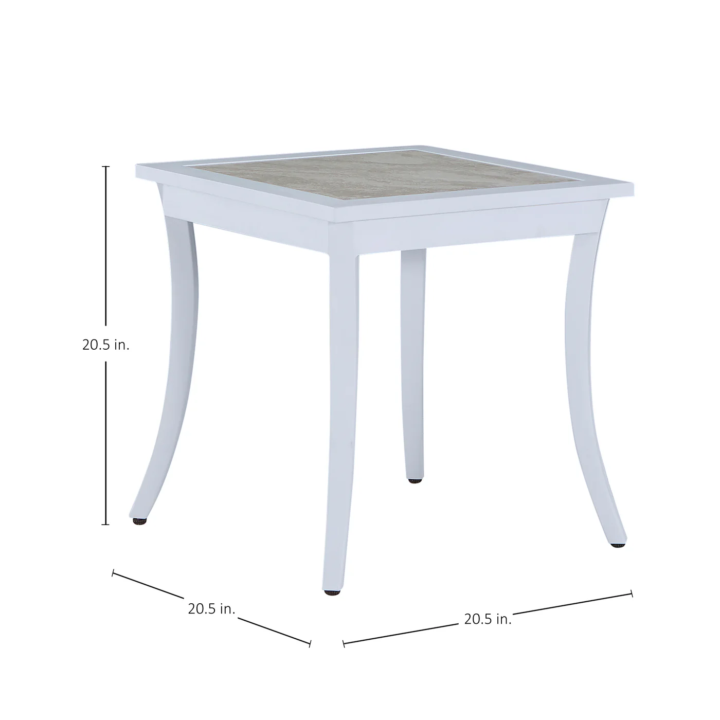 The Bermuda Aluminum End Table features a square white base, light wood top, four curved legs, and measures 20.5" in height, width, and depth—ideal as an outdoor end table for your patio or garden.