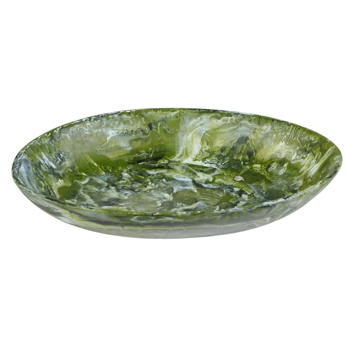 The Nashi Home Serveware Collection, Forest features a shallow, round resinware plate with a marbled green and white pattern and glossy finish—a stylish accent for your home.