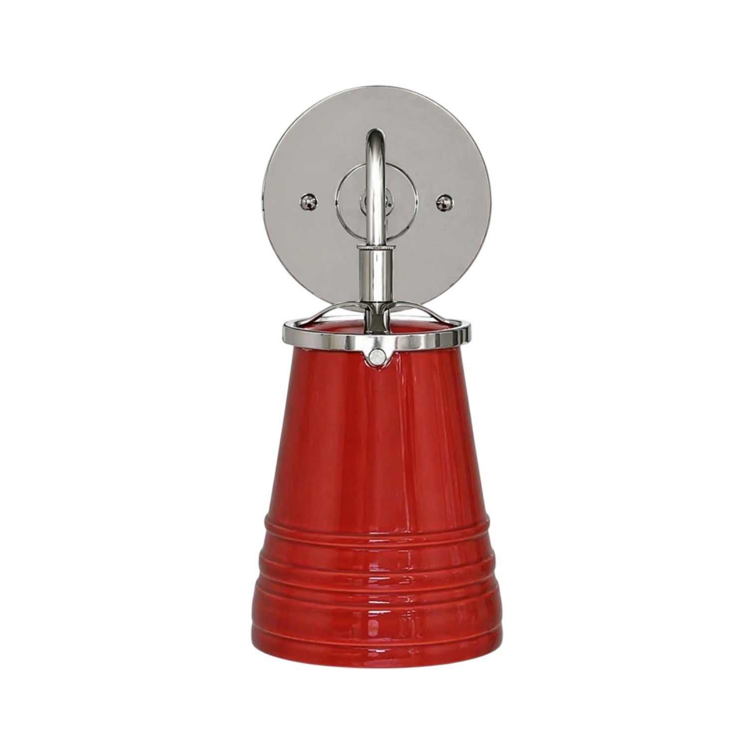 The Nantucket J-Arm Sconce in Pomegranate features a polished silver base and a downward-facing red ceramic shade, perfect for creating ambient lighting.