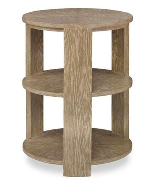 A round, three-tiered Tribeca Side Table, Bleached Aged Oak with a natural finish and elegant curved legs, reminiscent of Deco inspired tables.