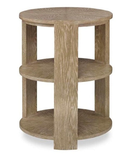 A round, three-tiered Tribeca Side Table, Bleached Aged Oak with a natural finish and elegant curved legs, reminiscent of Deco inspired tables.