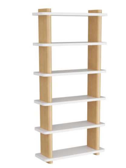 The Triton Bookshelf, Oyster features a sleek design with matte white lacquer shelves, offering five rectangular storage surfaces held up by four vertical light wood supports.