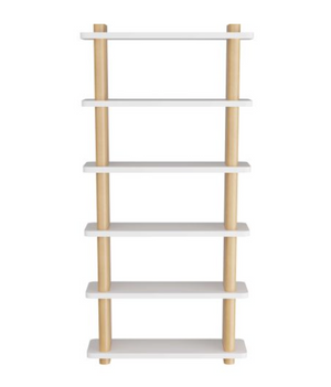 The Triton Bookshelf, Oyster is a minimalist six-shelf unit featuring matte white lacquer shelves, supported elegantly by vertical wooden rods.