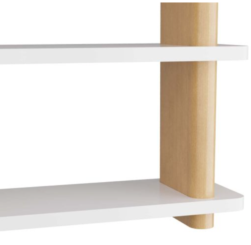 Two matte white lacquer shelves of the Triton Bookshelf, Oyster are supported by vertical wooden beams on the right side.