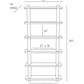 Line drawing of the Triton Bookshelf, Oyster featuring matte white lacquer shelves: total height 85", top shelf 42" wide and 16" deep, second shelf 14" high, remaining shelves 31" x 16", and base 36" x 12.5".