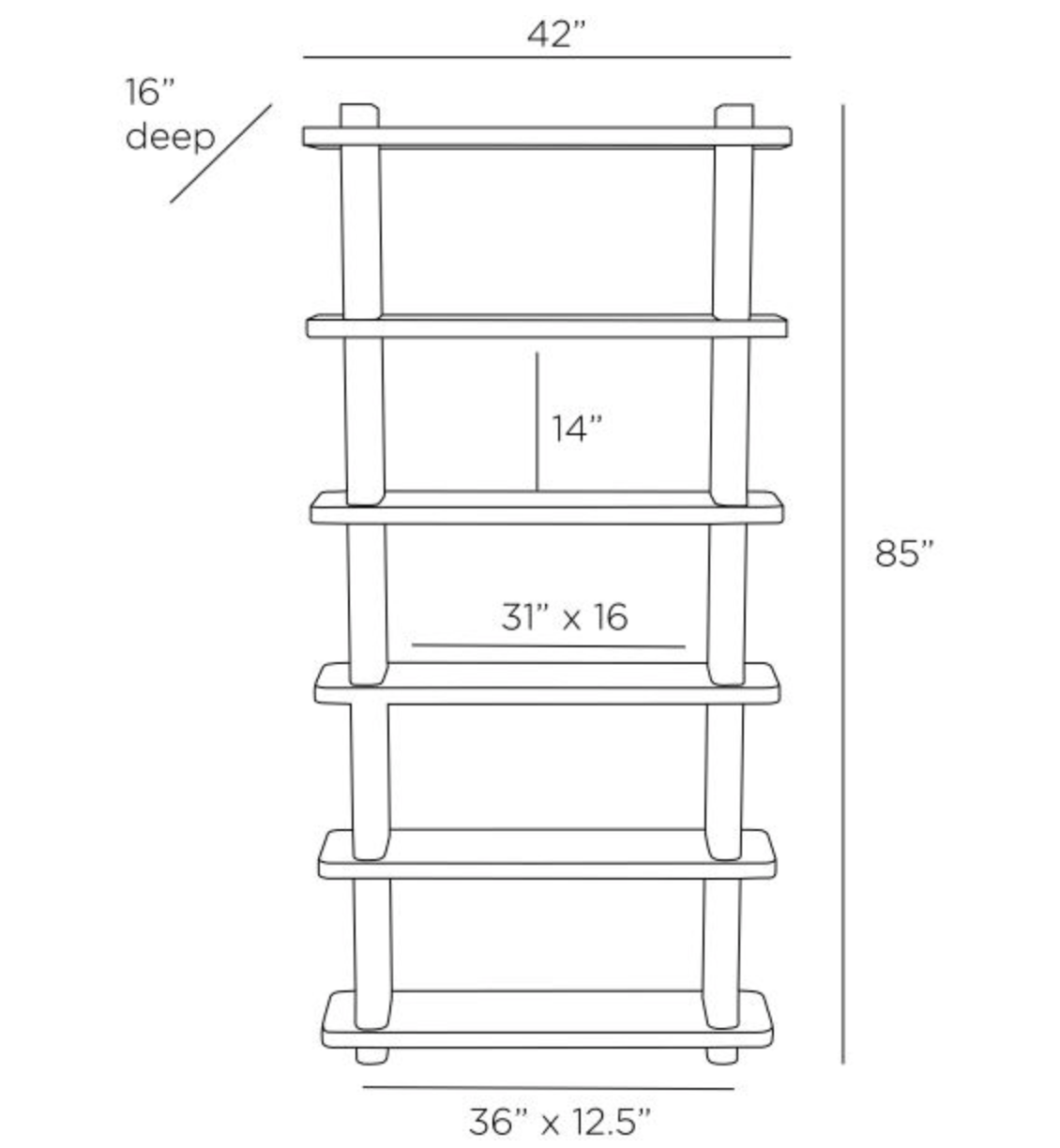 Line drawing of the Triton Bookshelf, Oyster featuring matte white lacquer shelves: total height 85", top shelf 42" wide and 16" deep, second shelf 14" high, remaining shelves 31" x 16", and base 36" x 12.5".