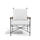A modern accent chair, the Amalfi Adjustable Chain Lounge Chair features a black powder coated steel frame, white cushioned seat and backrest, and gold ball accents on the frame corners.