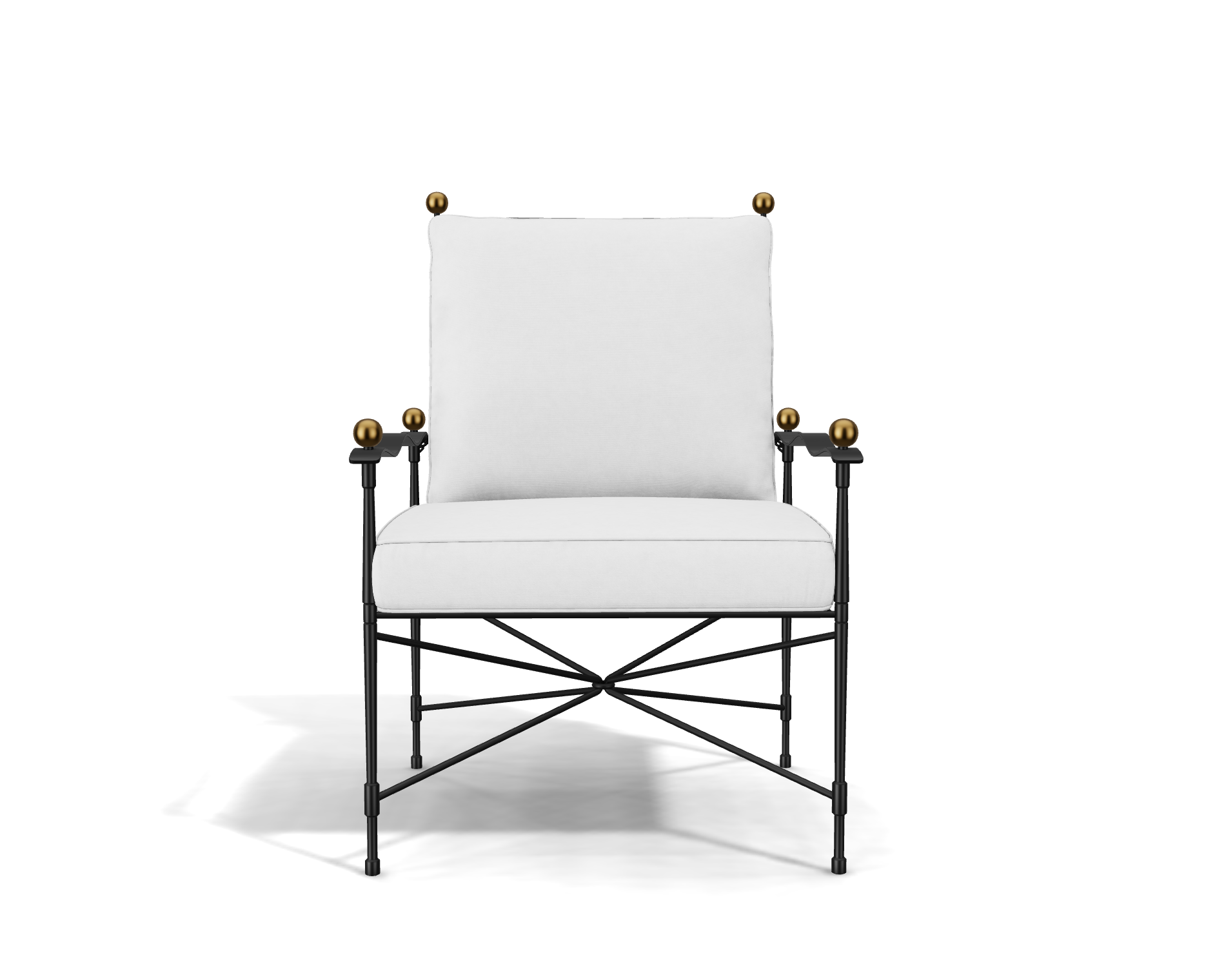 A modern accent chair, the Amalfi Adjustable Chain Lounge Chair features a black powder coated steel frame, white cushioned seat and backrest, and gold ball accents on the frame corners.