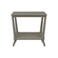 The Rye Rectangular Side Table in Modern French Grey features a weathered stone finish, lower shelf, and subtly curved legs, shown against a white background for a modern touch.