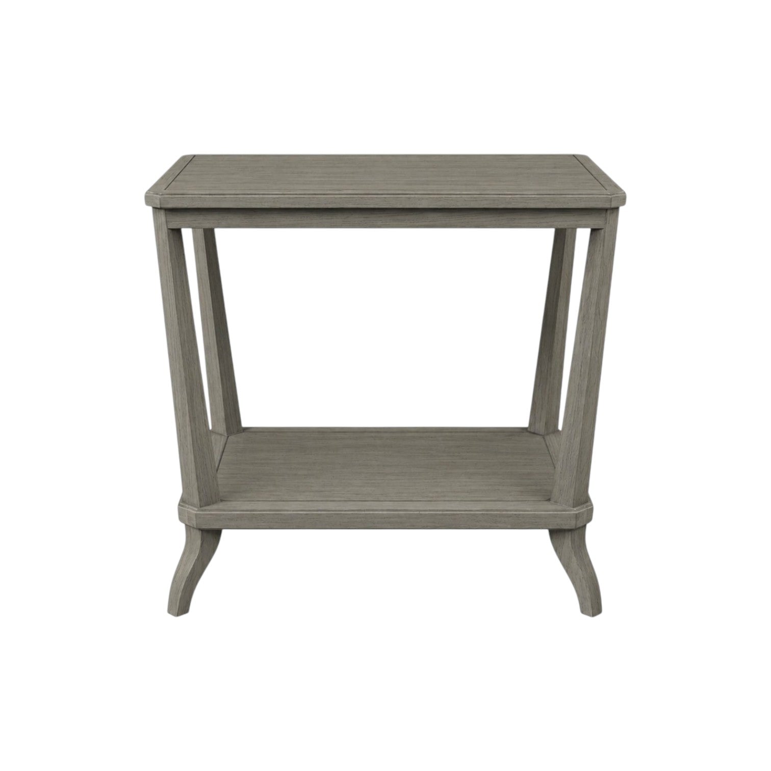 The Rye Rectangular Side Table in Modern French Grey features a weathered stone finish, lower shelf, and subtly curved legs, shown against a white background for a modern touch.