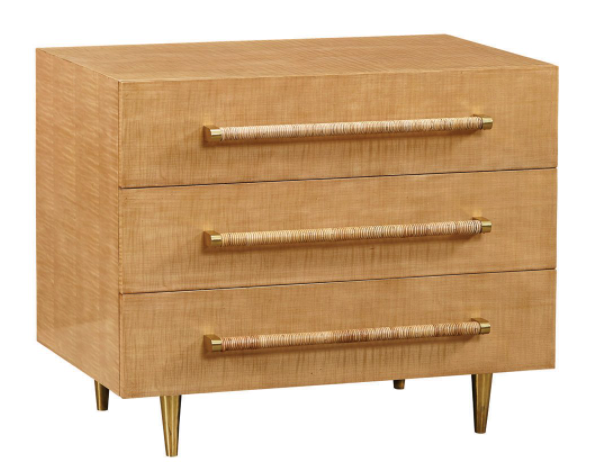 The Ascue Nightstand is a three-drawer wooden dresser featuring curved gold-tipped handles and tapered legs, embodying a touch of mid-century elegance.