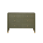 The Conner Dresser features six drawers, an olive green finish, classic silhouette, gold knobs, and gold-capped legs, displayed against a white background.