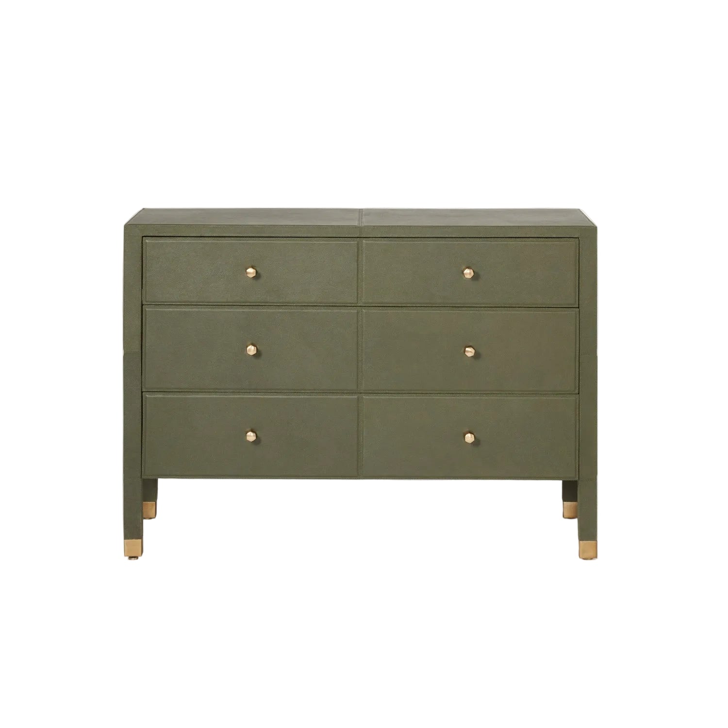 The Conner Dresser features six drawers, an olive green finish, classic silhouette, gold knobs, and gold-capped legs, displayed against a white background.