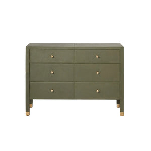 The Conner Dresser features six drawers, an olive green finish, classic silhouette, gold knobs, and gold-capped legs, displayed against a white background.