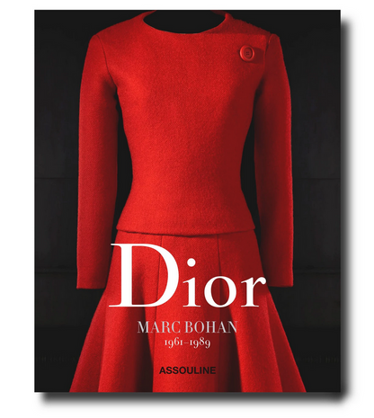 The book cover of "Dior: Marc Bohan" features a red long-sleeve jacket paired with a skirt, highlighting iconic haute couture designs. Published by Assouline.