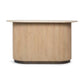 The Anton Bar showcases an elegant oval wooden counter with vertical slats and a marble top, providing stylish design and smart storage, all set against a plain white background.
