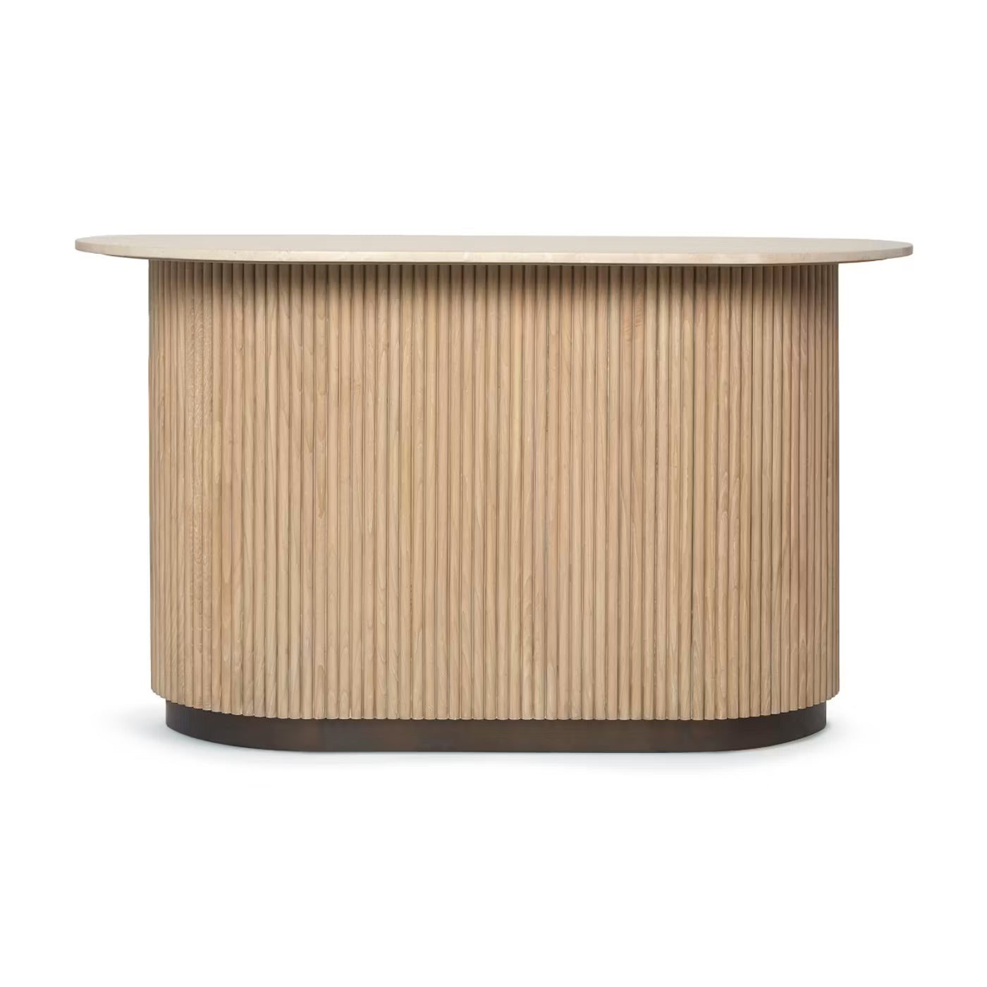 The Anton Bar showcases an elegant oval wooden counter with vertical slats and a marble top, providing stylish design and smart storage, all set against a plain white background.