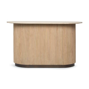 The Anton Bar showcases an elegant oval wooden counter with vertical slats and a marble top, providing stylish design and smart storage, all set against a plain white background.