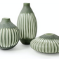 The Aster Vase Collection includes three green ceramic vases with vertical white stripes and hand-etched sides, each in a different shape: one is squat and round, another is taller and oval, and the third is flat and wide.