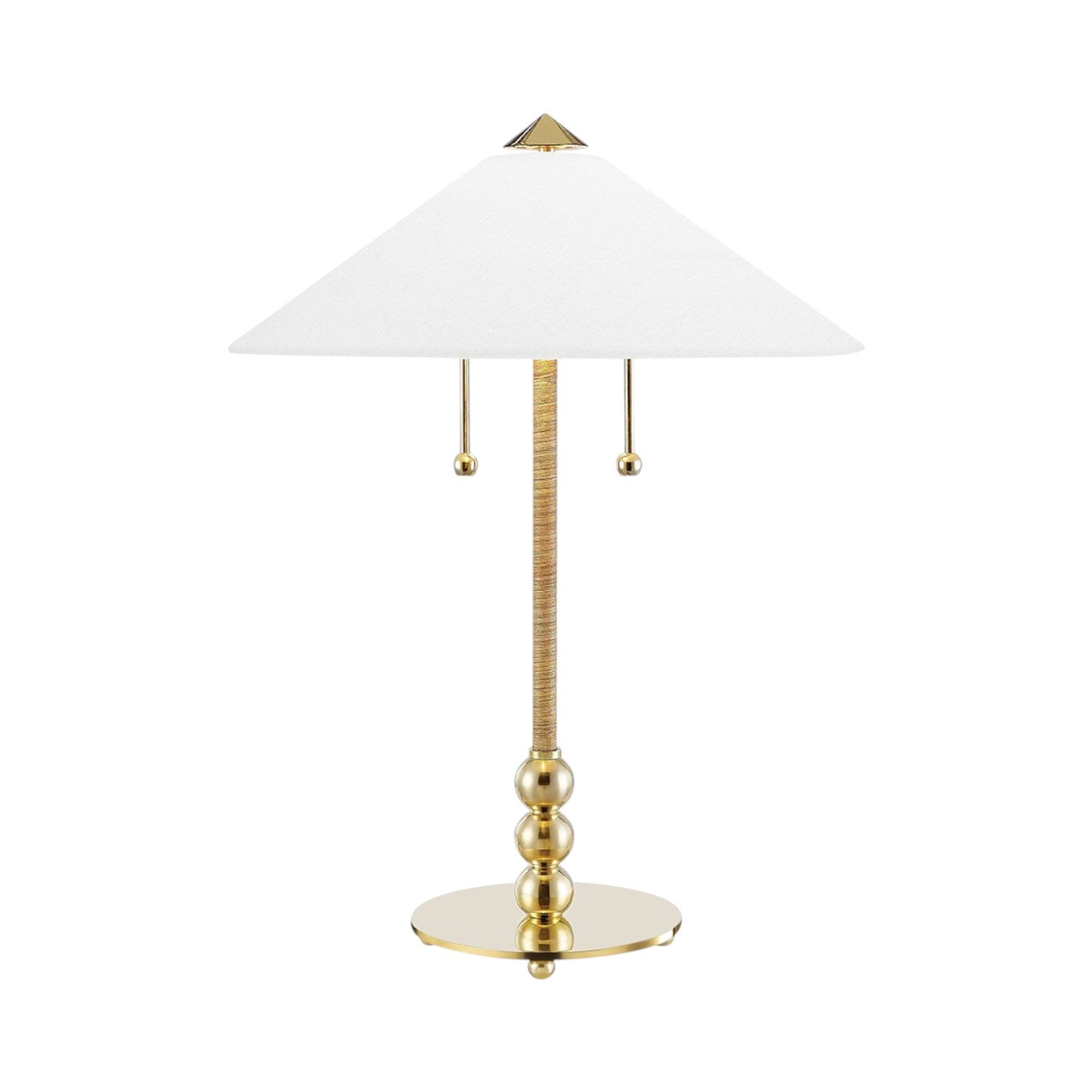 The Flare Table Lamp, Aged Brass, offers luxury décor with a round base, spherical accents, a white conical shade, and dual pull chains.