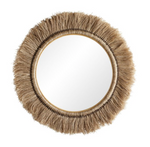 The Kai Mirror in Natural, 41"Dia features a thick frame of natural abaca fibers arranged radially, offering a rustic charm reminiscent of traditional Amish broom craftsmanship.