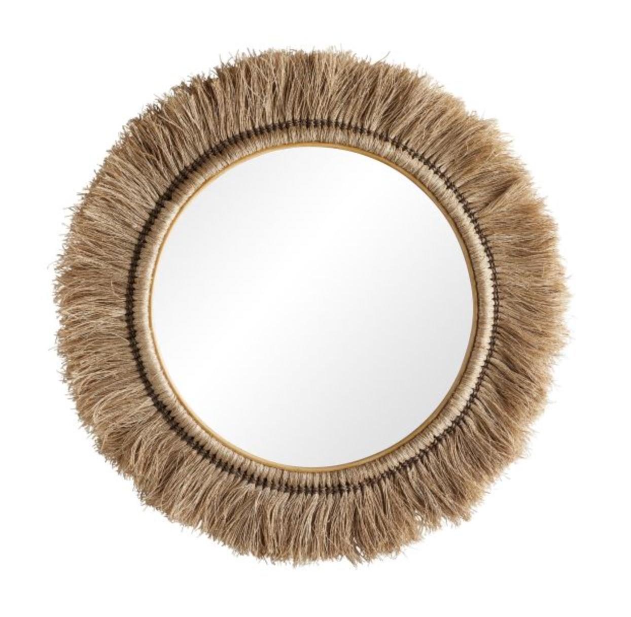 The Kai Mirror in Natural, 41"Dia features a thick frame of natural abaca fibers arranged radially, offering a rustic charm reminiscent of traditional Amish broom craftsmanship.