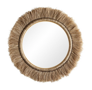 The Kai Mirror in Natural, 41"Dia features a thick frame of natural abaca fibers arranged radially, offering a rustic charm reminiscent of traditional Amish broom craftsmanship.